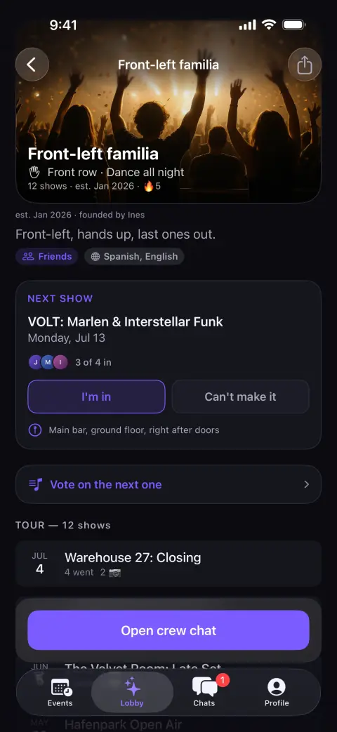 A SameNight crew with RSVPs and tour history