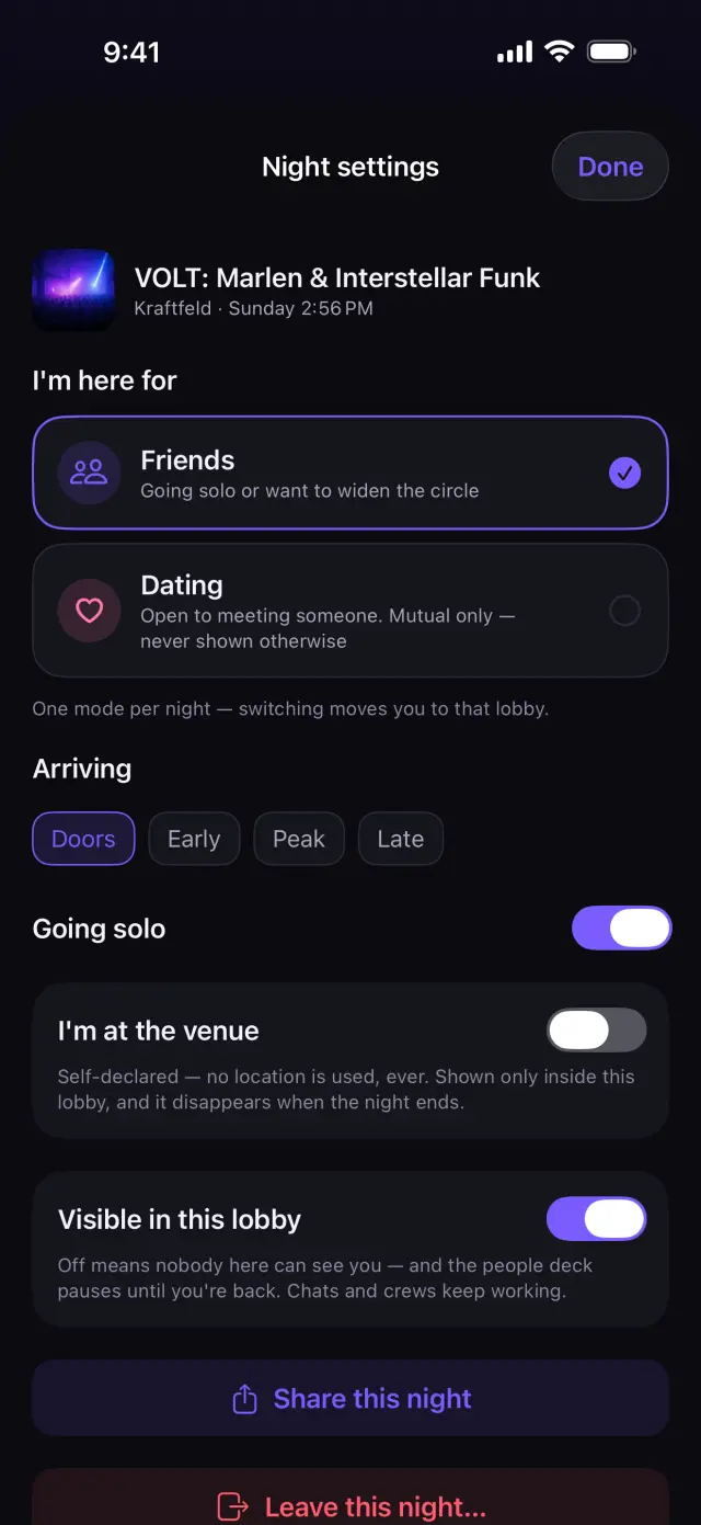 Night settings — choose how you want to connect for this event